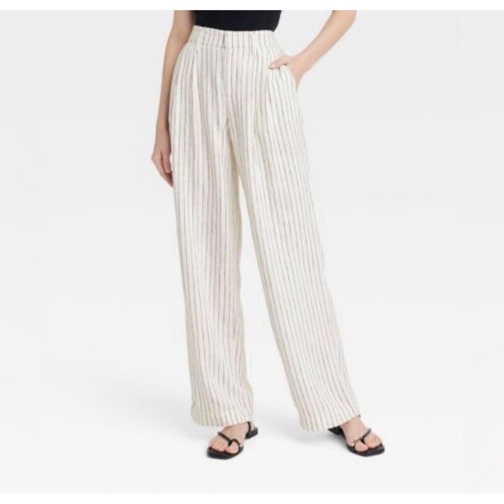 A New Day Pants Womens 10 Pinstriped Linen Blend Flat Front Trousers New NWT
